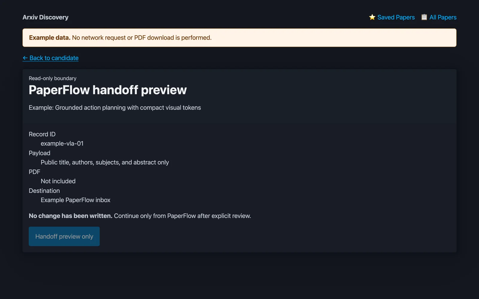Arxiv Discovery PaperFlow handoff preview containing public metadata and no PDF.
