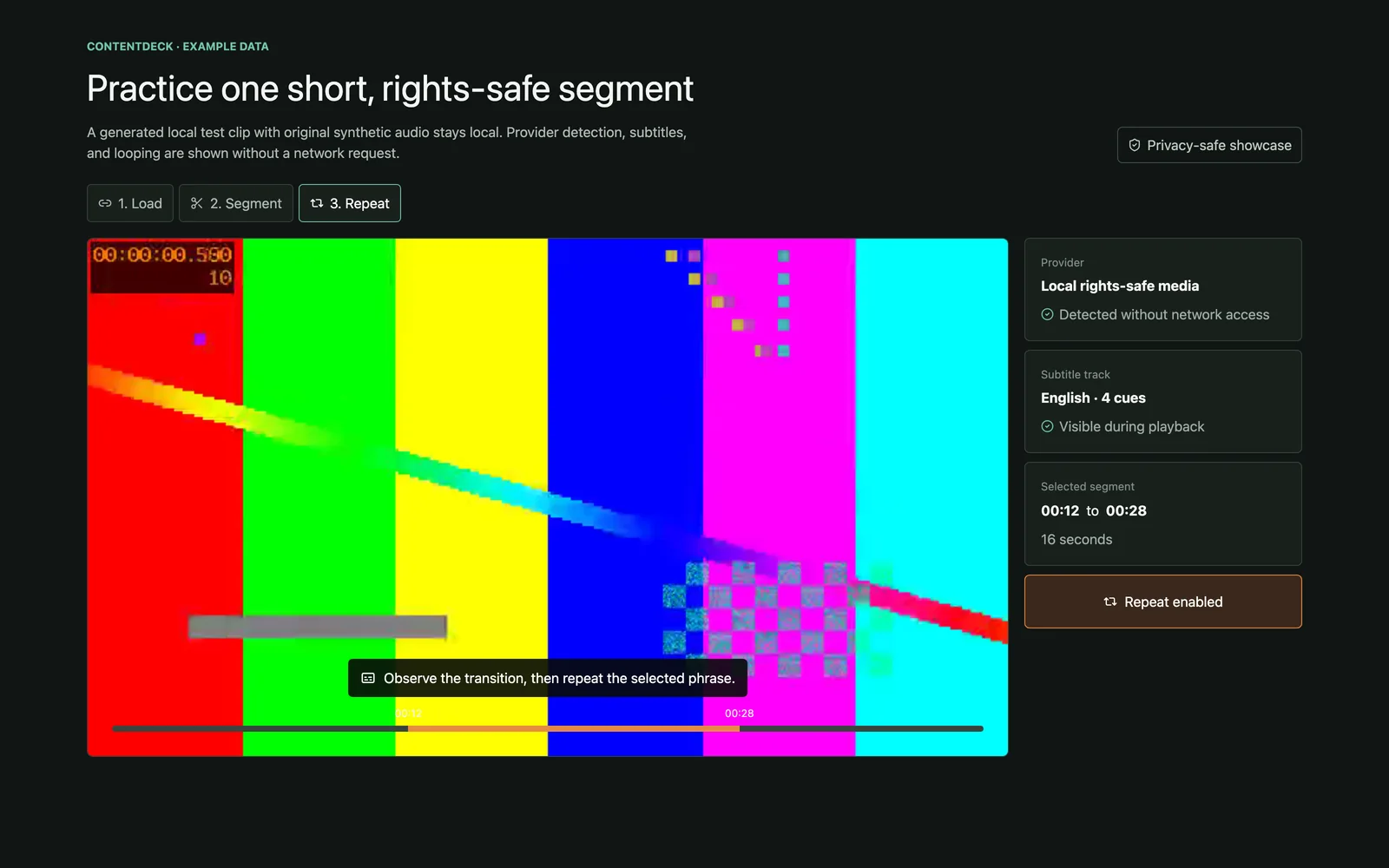 ContentDeck repeating a selected segment with subtitles enabled.