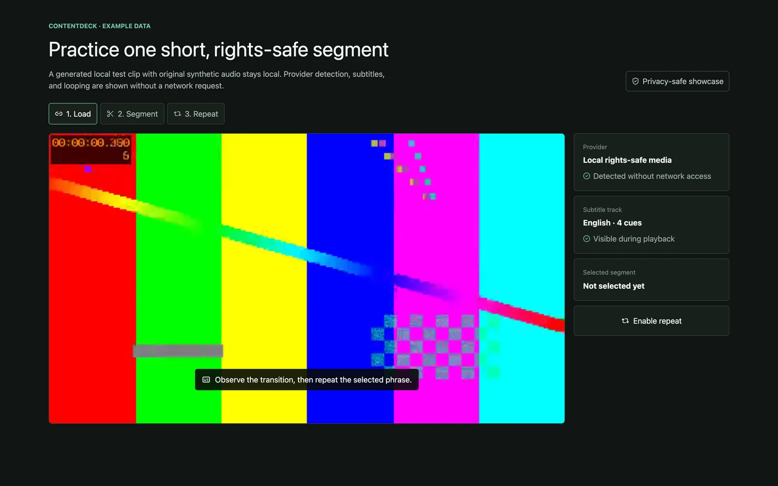 ContentDeck loaded with a generated local clip and visible subtitles.
