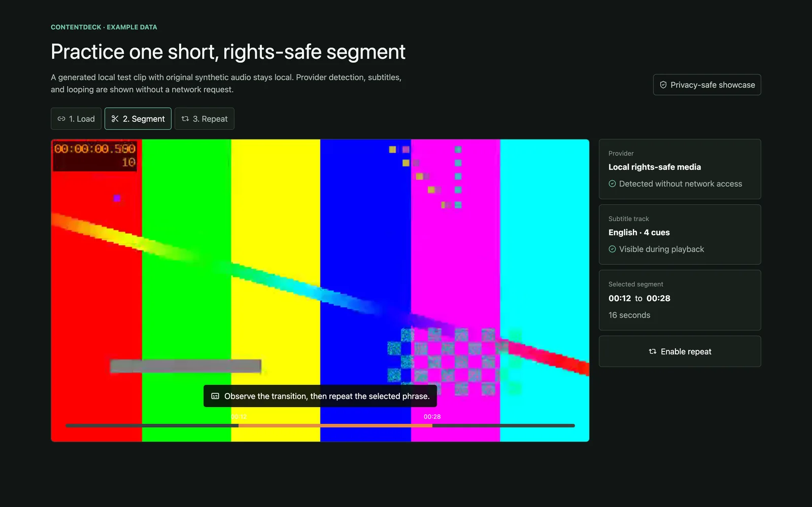 ContentDeck with a 16-second segment selected from a local test clip.