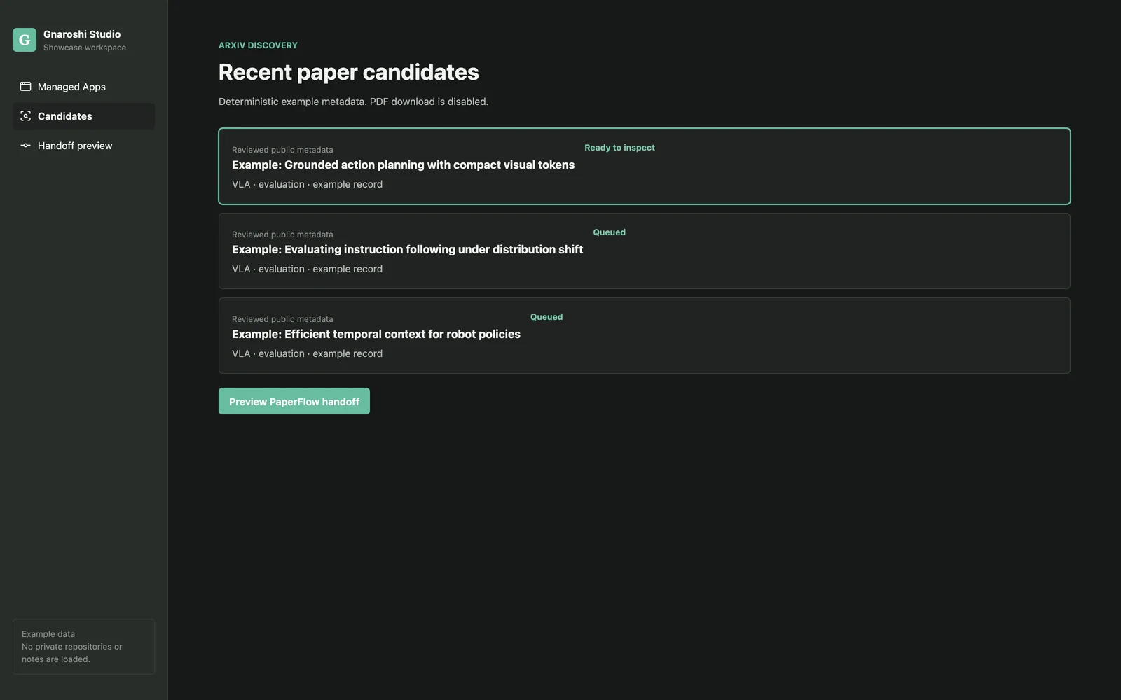 Gnaroshi Studio review list with three demo VLA paper candidates.