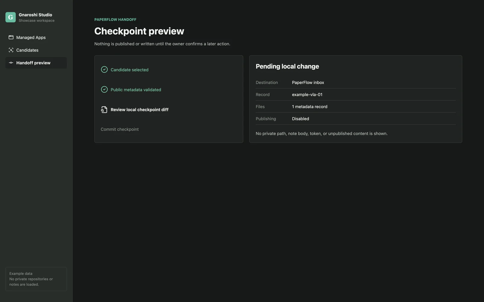 Gnaroshi Studio PaperFlow handoff and local checkpoint preview before commit or publication.