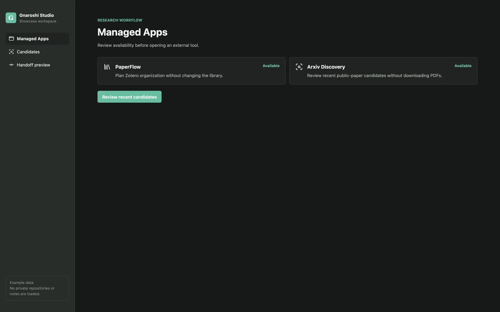 Gnaroshi Studio Managed Apps overview with PaperFlow and Arxiv Discovery available.