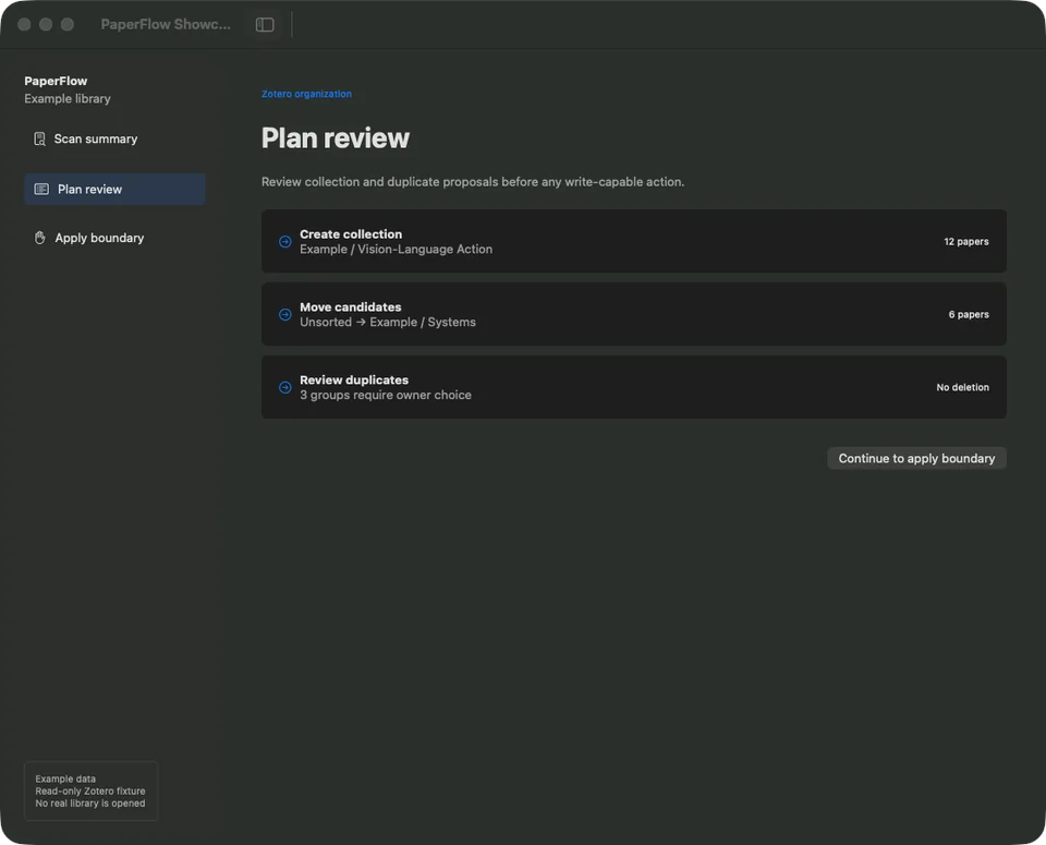 PaperFlow plan with proposed collection moves and duplicate review.