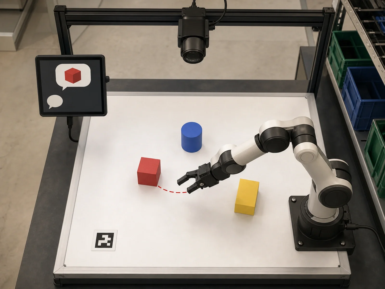 Generated illustration of a robot arm using a camera and a visual instruction to reach for a red block among several objects.