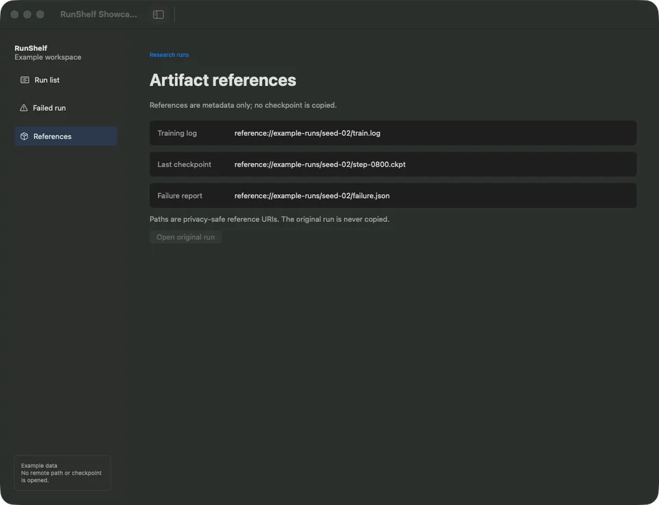 RunShelf artifact references without copied checkpoints or remote paths.