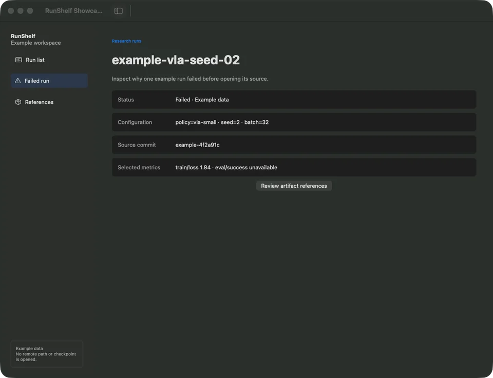 RunShelf failed demo run with configuration, source context, and selected metrics.