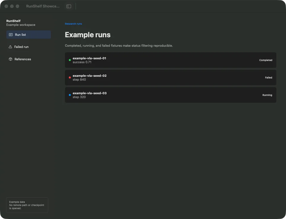 RunShelf list of completed, failed, and running demo records.
