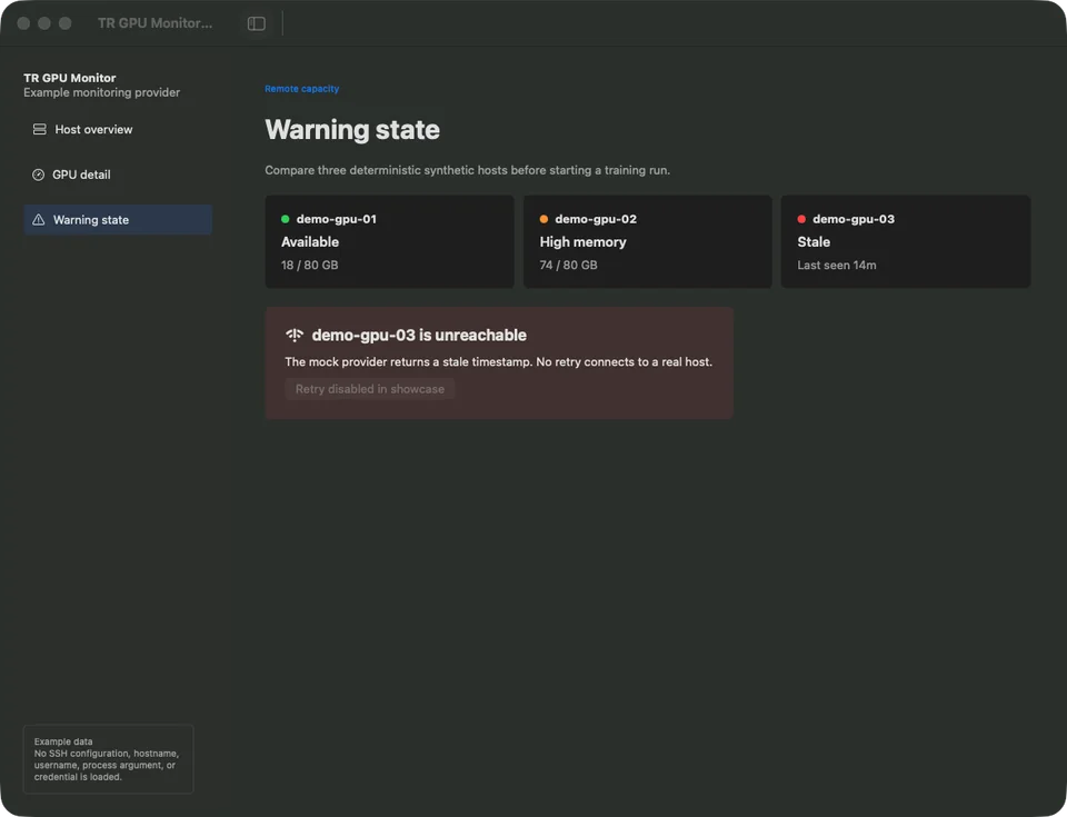 TR GPU Monitor stale warning for a demo host with retry disabled.